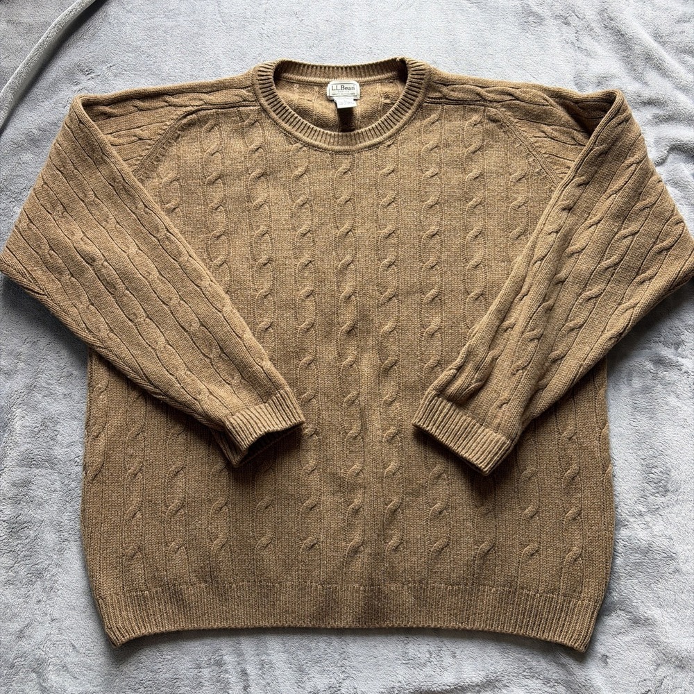 L.L.Bean Sweater Mens XL Tan Lambswool Cable Knit Crewneck Winter‎ Pullover